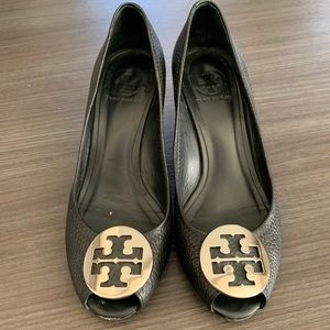 Tory Burch Black Open Toe Wedges